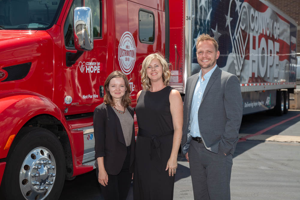 Aria Spears, from left, Jessica Blake and Jeremy Williamson are part of the Convoy of Hope team that provides aid to 14.6 million people worldwide.